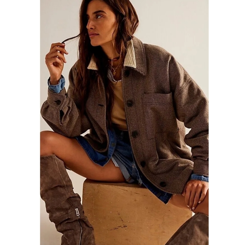 Free People Brown Herringbone Jacket with Cream Cord Collar